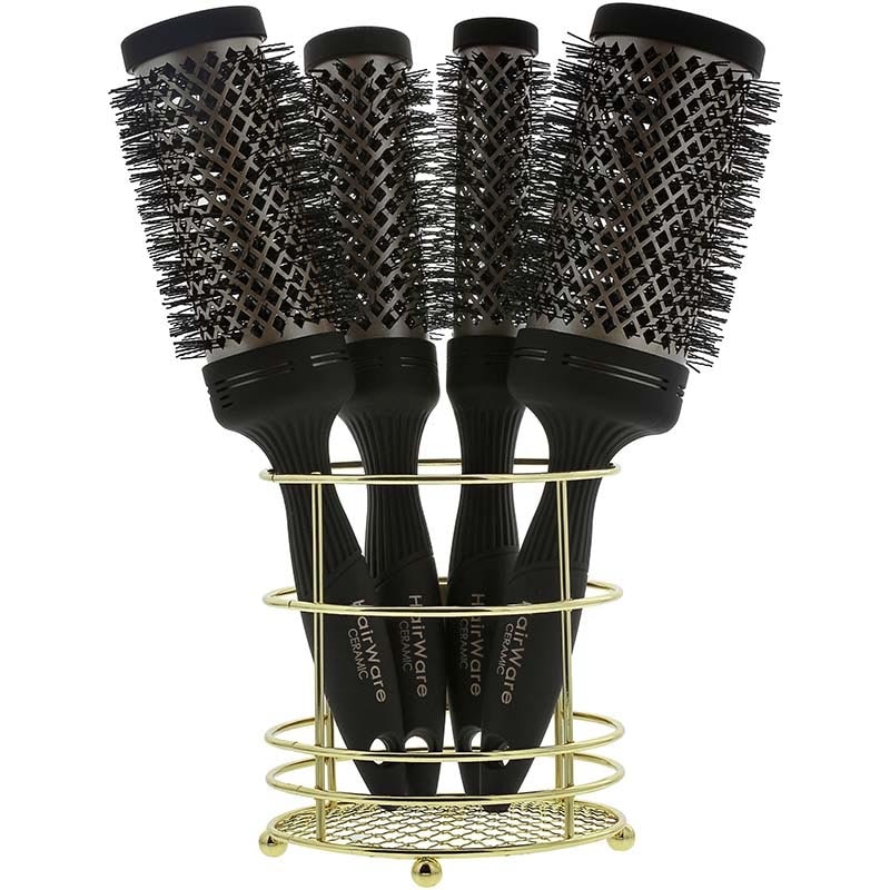 Hairware Ceramic Gold Barrel Non-Slip Handle Brush Display: 4 Brushes & Basket