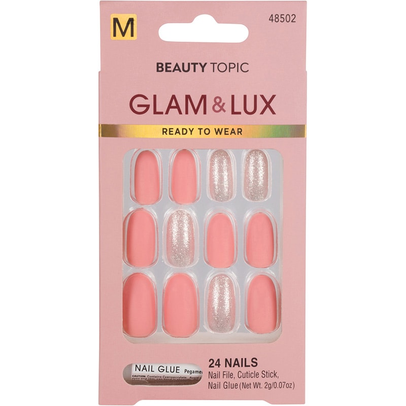 Beauty Topic Glam & Lux Medium Oval Coral & Glitter Nail Set, 24/Pack